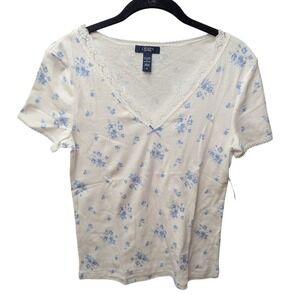 Chaps Floral Lace Trim Tee Women S White Blue New Cotton Short Sleeve Soft Girl